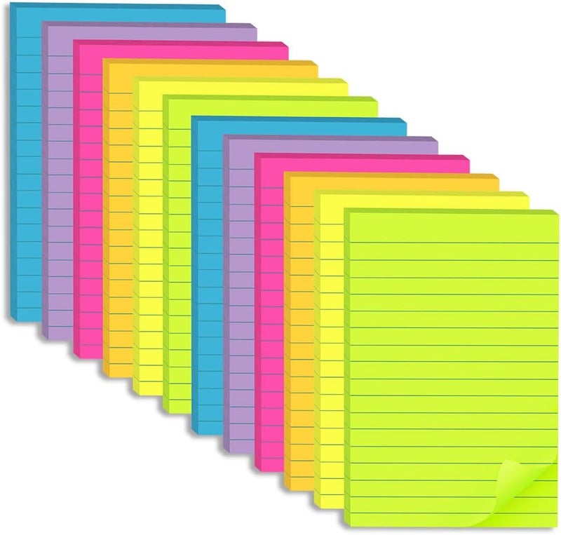 Kozerite (12 Pack) Lined Sticky Notes 4x6 in,Large Notepads with Lines,Ruled Stickies Super Sticking Power,Office School Memo Note Pads Bright Colors,Post on Windows Doors,Recyclable,Easy to Write on - Image 1
